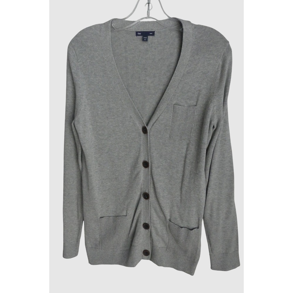 Gap Womens Gray Big Button Cardigan Sweater‎ Elbow Patches M Preppy Luxe